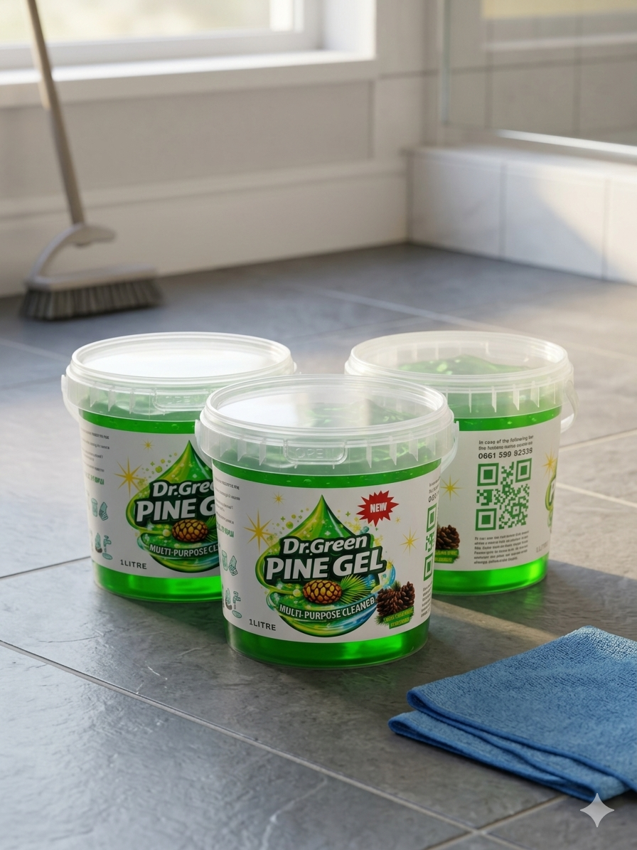 Three Dr Green Pine Gel tubs in a bathroom