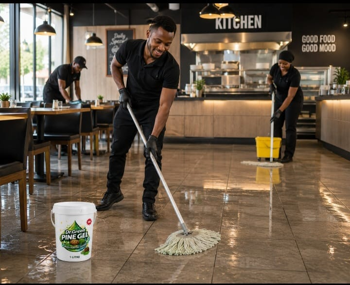 Restaurant staff cleaning floors with Dr Green Pine Gel 1L